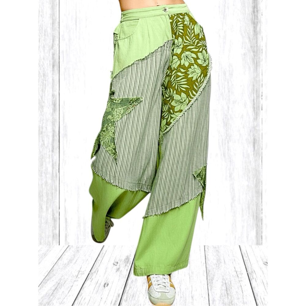 POL Striped Floral Patchwork Wide Leg Pants Green Boho Star Patch Palazzo NEW - Picture 7 of 12